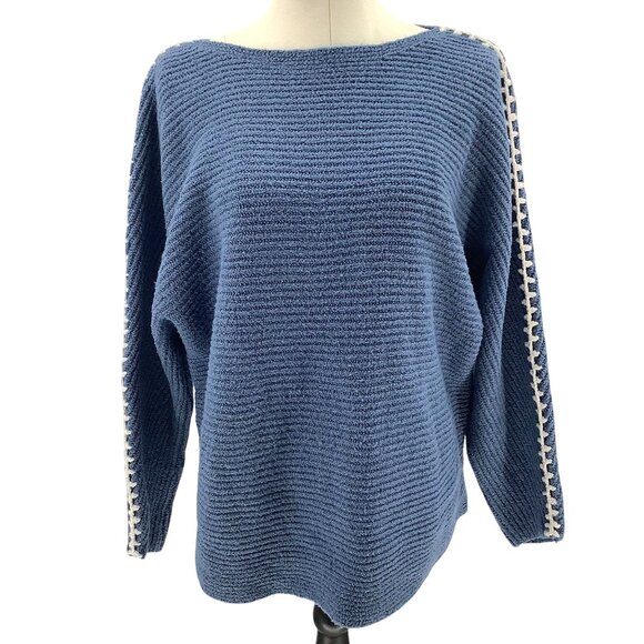 Pure Jill Blue Textured Knit Sweater With Lace Trim On Sleeves Womens XL - Picture 2 of 7